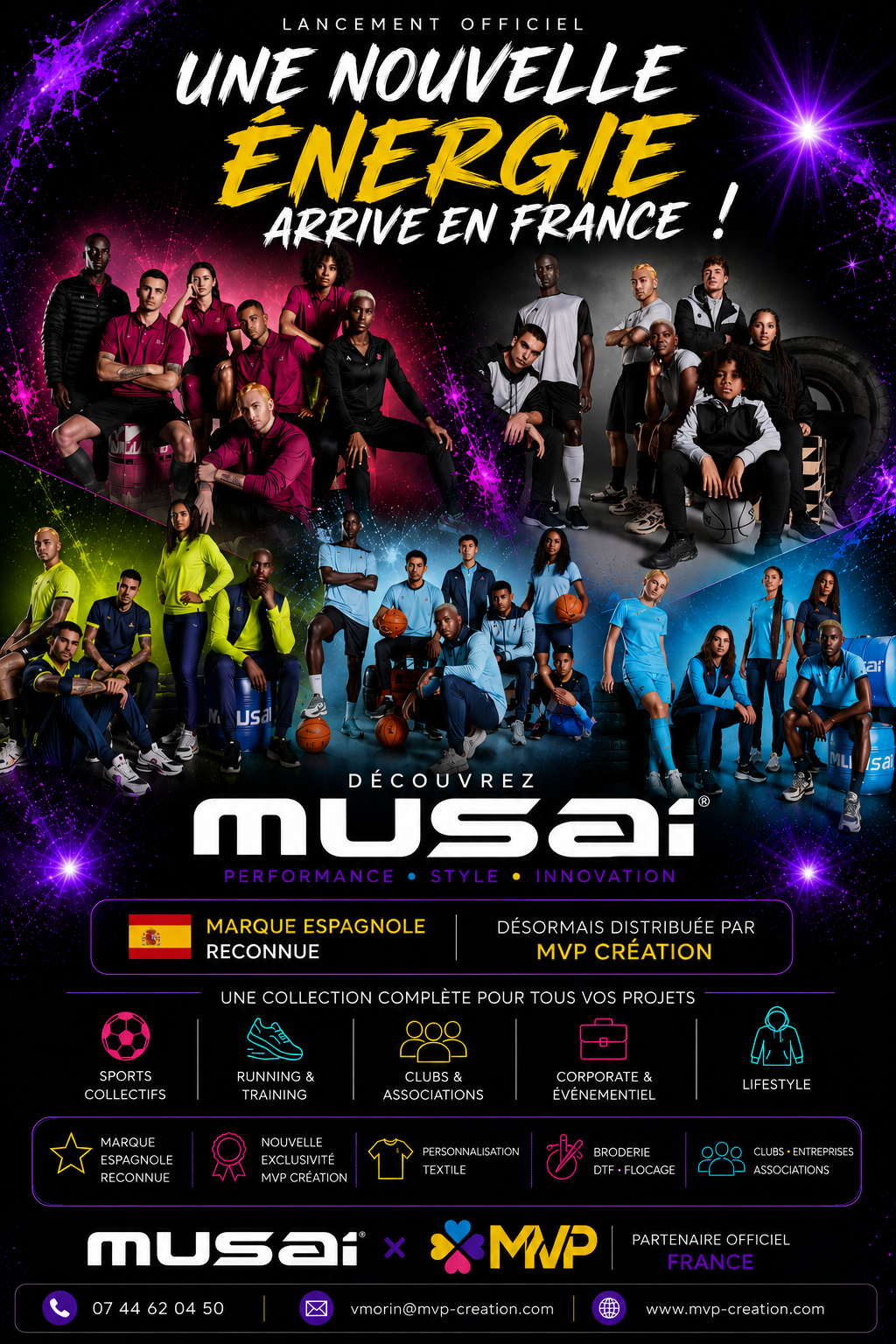 Lancement Musai en France — sportswear distribué par MVP Création : team sport, running & training, clubs & associations, corporate & events, lifestyle.