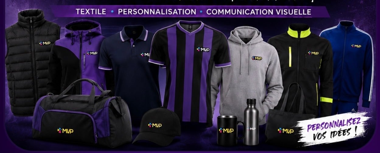 MVP Création — Textile, personnalisation, communication visuelle : sweats, polos, maillots sport, vestes techniques, sacs, casquettes et goodies personnalisés.