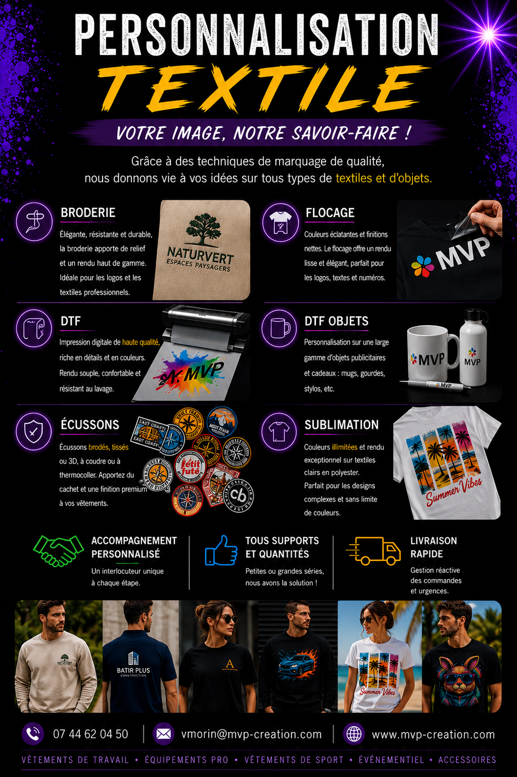MVP Création — Personnalisation textile : broderie, DTF, flocage, sublimation, écussons et objets publicitaires. Votre image, notre savoir-faire.